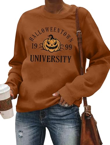 LHBNK Halloween Sweatshirts Women Embroidered Halloweentown University Shirts Pumpkin Print Casual Long Sleeve Pullover Tops