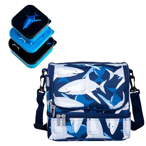 Wildkin Kids Two Compartment Lunch Bag & Nested Snack Containers Bundle – Organized, Reusable, Keeps Food Fresh for School & Travel - Sharks
