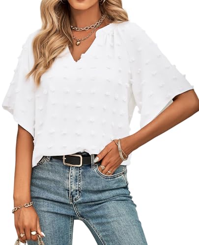 siliteelon Womens Summer Dressy Casual V Neck Ruffle Sleeve Flowy Chiffon Tops Swiss Dot Fashion Business Blouses Shirts-White