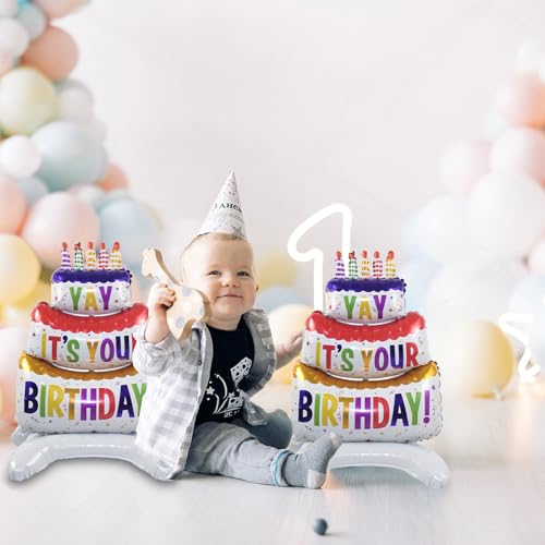 Image of 2pcs Happy Birthday Cake Foil Balloons, Self-Standing 35 Inch Three-Layer Mylar Birthday Balloons, Yay Balloon for Girls Boys Kids Baby Shower Party Supplies