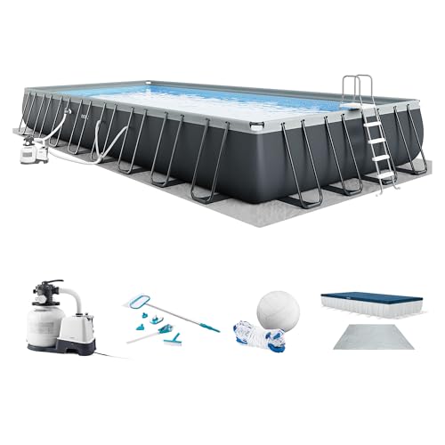 INTEX Ultra XTR 32 ft x 16 ft 52 in Above Ground Pool Set, Rectangular Swimming Pool with Sand Pump, Saltwater System, Maintenance Kit, & Volleyball Game