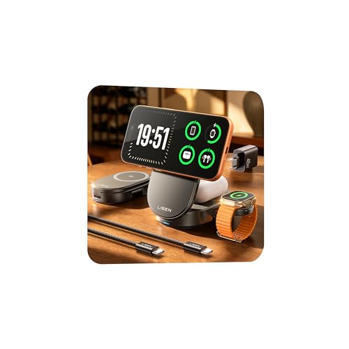 LISEN 3 in 1 Ladestation Apple 25W & Qi2.2 Schnellladen Faltbares Design Gute Kühlleistung Laden Mehrerer Geräte Magsafe Ladegerät für iPhone 17 Pro Max/16/15 AirPods Mit 45W Ladekopf
