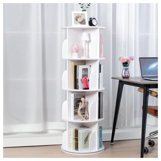 Roowest 4 Tier 360 Display Rotating Bookshelf Corner Wood Bookshelf Organizer Floor Standing Revolving Bookcase Rack Tall Spinning Round Bookshelf Tower for Bedroom, Living Room, White