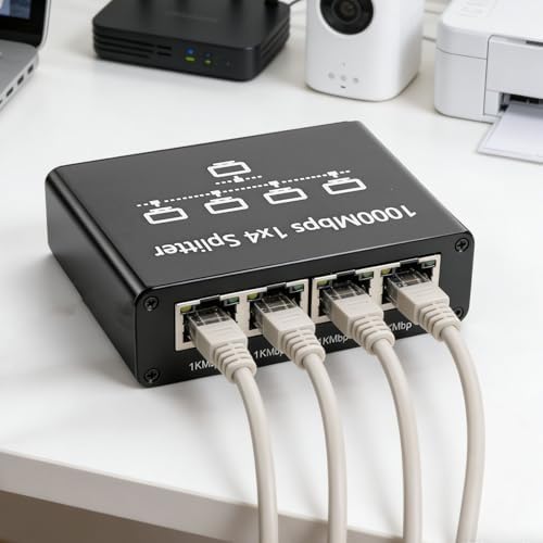 Erchineko 1 to 4 Gigabit Ethernet Splitter Network Switcher Hub 1000Mbps 4 Port Adapter with Aluminum Alloy Casing for Computer Router Display IPTV - 1
