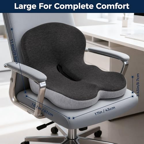 SSPATIOS Seat Cushion, Office Chair Seat Cushions for Office Chair with L-Shaped Ergonomic Design, Memory Foam Chair Cushion for Long Sitting Office Worker(Black Gray)