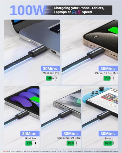 Image of USB C to USB C Cable 10ft 100W PD 5A Fast Charging Cord Aluminum Connector & Nylon Braided Type C Charger Cord for iPhone 17 /16 /15 MacBook Air /Pro iPad Pro Samsung S25 /S24 /S23 Pixel 10(Black)