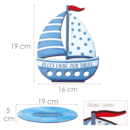 BETESSIN Taufgeschenke Jungen Blau - Alles Liebe zur Taufe - Holz Boot mit Basis - Geldgeschenk zur Taufe - Taufe Geschenk für Junge und Mädchen