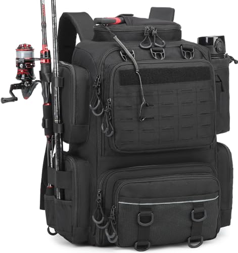 BlesMaller Sac à Dos de Pêche 50L avec Supports de Canne & Compartiment Réfrigéré Résistant à l'eau Sac de Rangement pour Accessoires de Pêche pour équipement de Pêche (Noir (sans boîte à appâts))