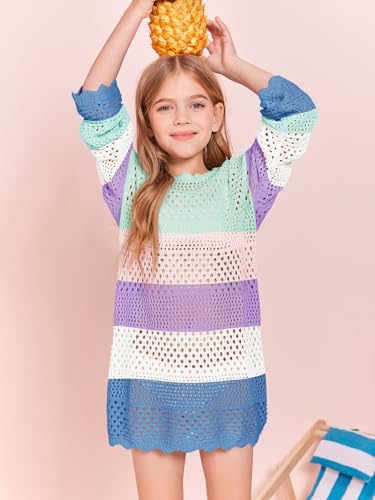 Image of Batermoon Girls Crochet Long Sleeve Swimsuit Cover Up Kids Fashion Hollow Out Swimwear Beach Dress 5-14 Years