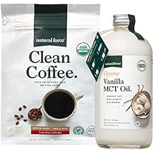 Natural Force Organic Clean Coffee + Creamy Vanilla MCT Oil Bundle Flavored MCT Creamer & Mold & Mycotoxin Free Coffee Non-GMO, Keto, Paleo, and Vegan - 12 Oz Bag and 16 Oz Glass Bottle