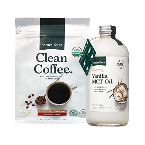 Natural Force Organic Clean Coffee + Creamy Vanilla Mct Oil Bundle – Flavored Mct Creamer & Mold & Mycotoxin Free Coffee – Non-Gmo, Keto, Paleo, And Vegan - 12 Oz Bag And 16 Oz Glass Bottle #TOP17