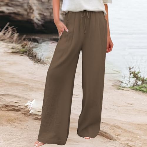 Cotton Linen Pants for Womens Summer Elastic Waist Drawstring Wide Leg Trousers Loose Fit Lightweight Pants Plus Size2