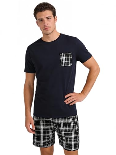 THEMOTOCO Men's Pajama Sets Short Sleeve Top Plaid Pyjamas Shorts with Pockets Comfy Loungewear Checked Pjs Soft Sleepwear Black