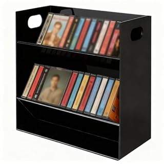 Kathfly Clear Acrylic Cassette Tape Holder Modern 2 Tier Retro Audio Tape Deck Storage Display Rack Case with Cutout Handles for Desks Shelves Living Rooms Studios Workspaces (Black)