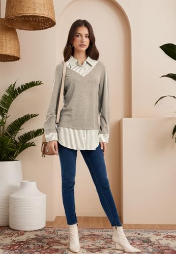Image of Oyamiki Women's Casual Collared Curved Hem 2 in 1 Pullover Tops Plaid Contrast Shirt Blouse