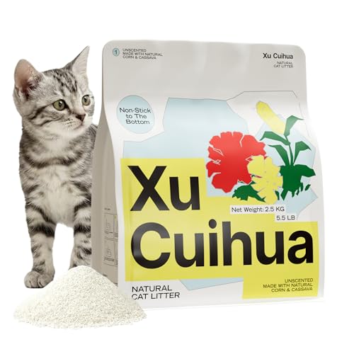 XuCuiHua Natural Cat Litter Unscented, 100% Plant-Based, Strong Clumping Litter, Easy Scooping, Clumps Lift Cleanly, Chemical-Free, Low Dust, Corn & Cassava Litter, 5.5 LB