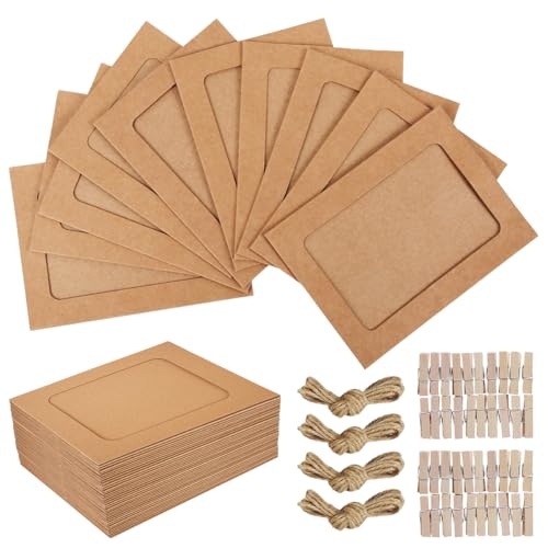Vylro 40 Pièces Cadres Photos en Papier, 15,3 x 11,3 cm Cadres Photos en Carton, Cadre Photo en Papier Kraft DIY, Guirlande Photo avec Clips en Bois et Cordes de Chanvre, pour Mariages, Anniversaires