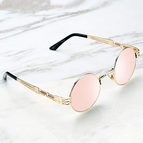Joopin Retro Polarized Steampunk Sunglasses Lennon Round Mirrored lens Metal Circle Vintage Sunglasses for Men and Women (Pink Steampunk) steampunk buy now online