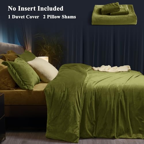 PHF Super Soft Velvet Duvet Cover King Size, 3pcs Luxurious Breathable Velour Fluffy Comforter Cover with 8 Ties, Cozy Flannel Duvet Cover with Pillow Shams, Zipper Closure, 104"x90", Olive Green by PHF - Used condition - Image 5
