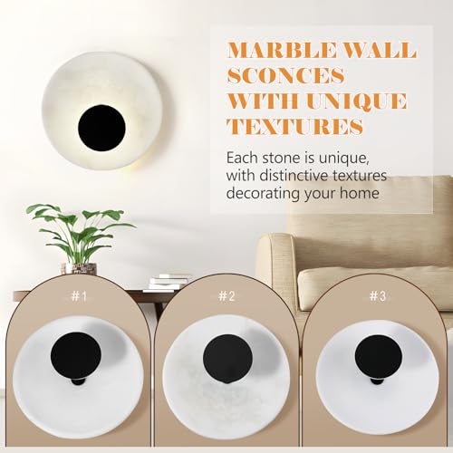Image of Marble Round Wall Sconce, Natural Marble Hardwired Circular Sconce Modern Sconces Wall Lighting Vanity Light Fixtures for Bedroom, Stairs, Living Room, Bedside