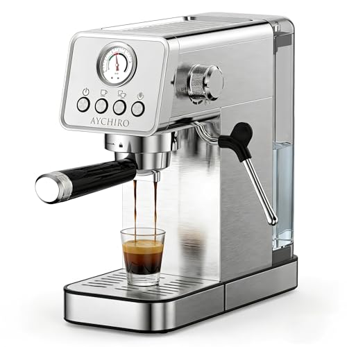 AYCHIRO 20 Bar Semi-Automatic Espresso Machine, Adjustable Espresso Machine with Pressure Gauge, Compact Espresso Maker with Steam Wand, Cup Warmer for Home & Office