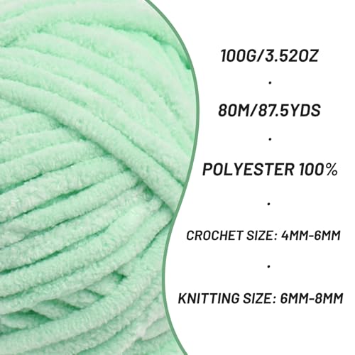 Image of 2 Pack Fluffy Chenille Yarn for Crocheting, Chunky Velvet Yarns for Crochet Amigurumi, Baby Yarn for Crocheting Soft Blanket, 174.9yds /7 oz Bulky Yarns for Crafts /Hats /Shoes /Socks (2 Mint Green)