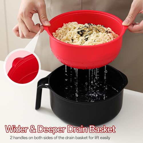 Image of MEACOLIA Jumbo 50 oz Microwave Ramen Cooker Bowl for Double Portion, Spill-Free Rapid Noodle Pasta Cooker with Lid & Drain Strainer, College Dorm Essentials for Girls Guys, Apartment Friendly