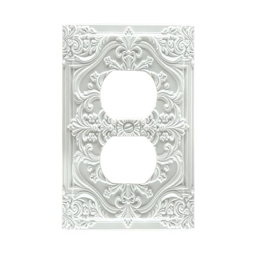 Spshian Decorative Outlet Covers White Flower Elegant 3D Floral Embossed 1 Gang Duplex Light Switch Cover Plate Unique Wall Plate Electrical Switch Plate Covers for Bedroom Home Decor