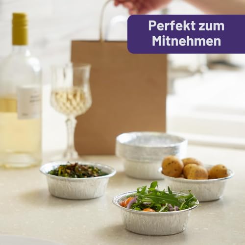 MATANA 100 Aluschalen Rund – 12 cm / 5 Zoll (250 ml), 4,5 cm tief | Schwerlast-Aluminium Alu Backformen/Alubackformen – Für Linzertorte, Quiche, Tarte, Kuchen & Desserts – Ofenfest & Gefriergeeignet