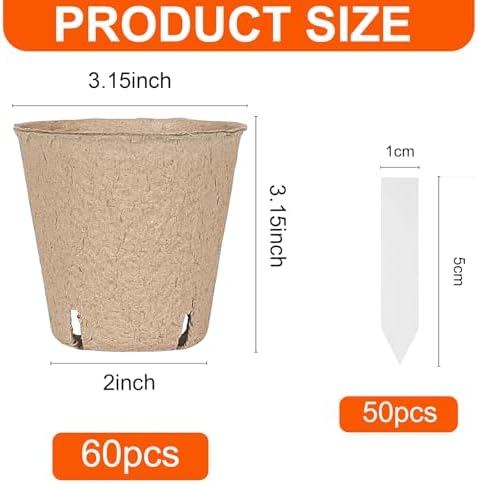 JNYONG 60 Packs 3.15 Inch Peat Pots,Biodegradable Pots for Seedlings with Drainage Holes, Garden Germination Nursery Pots with 50Pcs Plant Labels - 1