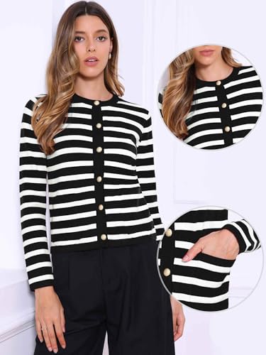 Allegra K Striped Cardigan Sweaters for Women's Lightweight Crew Neck Button Down Knit Jackets2