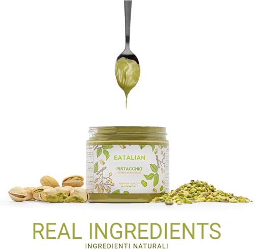 Image of EATALIAN by AMZ BETTER Pistachio Cream, 7oz /200 gr, Spreadable Pistachio Paste, Sweet and Unique Taste, Ideal on Bread, for Cakes, Dessert, Ice Cream, Excellent for Dubai Chocolate, Made in Italy