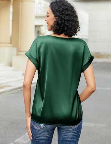 HOTOUCH Women's Short Sleeve Pullover Blouses Satin Silk Shirts Casual Loose Work Tunic Tops4
