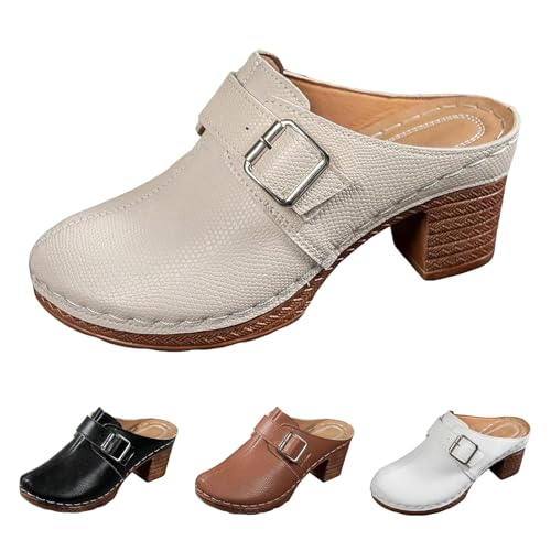 Zuecos para mujer de piel con tacón: zapatos de verano con soporte para el arco de mujer, zapatillas cerradas, elegantes zapatos de plataforma, cómodos zuecos de jardín, sandalias para caminar, caqui