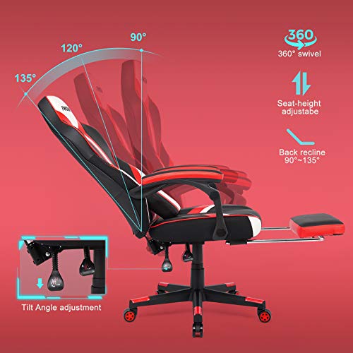 Sedia da Giocco, Sedia da Corsa Sportiva Schienale Alto, Sedia da Ufficio Ergonomica, Sedia Gaming con Cuscino Lombare Messaggiante, Sedia Girevole con Poggiapiedi (Rosso) - Sedia gaming - Immagine 6