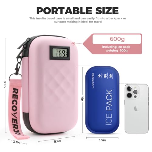 Image of TSA Approved Insulin Cooler Travel Case Diabetic Medication Bag with Thermometer Temperature Display Medication Diabetic Cooler Travel Medicine Organizer Bag for Women & 2 Ice Pack-Pink