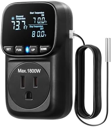 DEWENWILS Digital Temperature Controller, Heavy Duty 15A/1800W Thermostat Outlet Plug, VA Display Heating Cooling Control Timer, -40℉~210℉, Cyclic Timing/Countdown, for Greenhouse Incubator, Black
