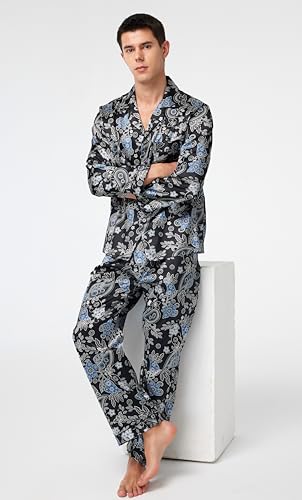 TONY & CANDICE Men's Classic Satin Pajama Set Sleepwear (Black with Leaf Patterns, Large)