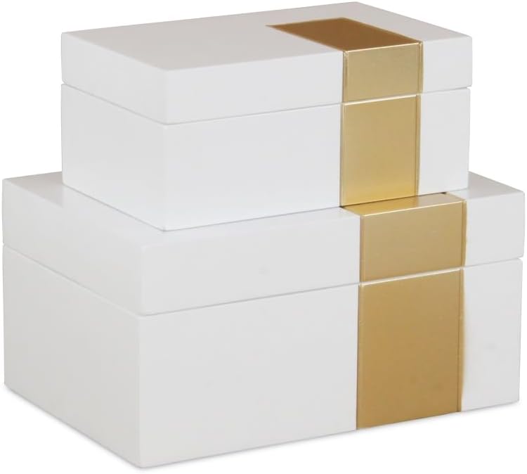 White Wooden Decorative Box with Golden Band Accent (Set of 2)