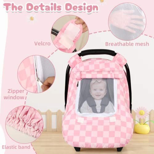 Image of Baby Car Seat Cover with Mesh Window for Boys,Pink Checkered