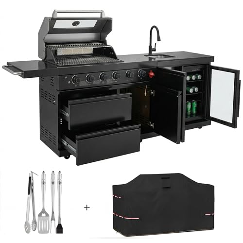 Outdoor BBQ Island, BBQ Island Outdoor Kitchen, 46" 4-Burner 72,000 BTU Outdoor Kitchen Island with Grill, Grill Tools, Grill Cover, Sink, Fridge, Rotisserie, Locking Casters, Propane/NG (Black)