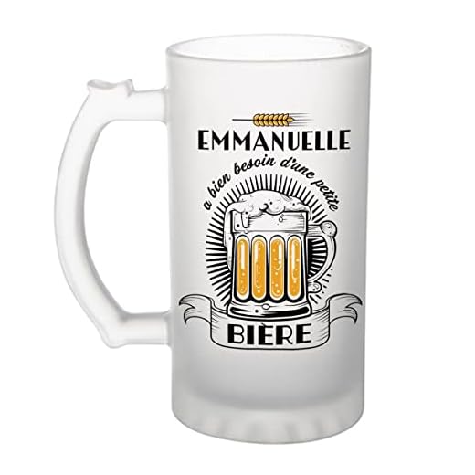 Planetee Chope de bière - Emmanuelle a besoin d'une bière - Verre à bière humour idée cadeau fête des mères anniversaire