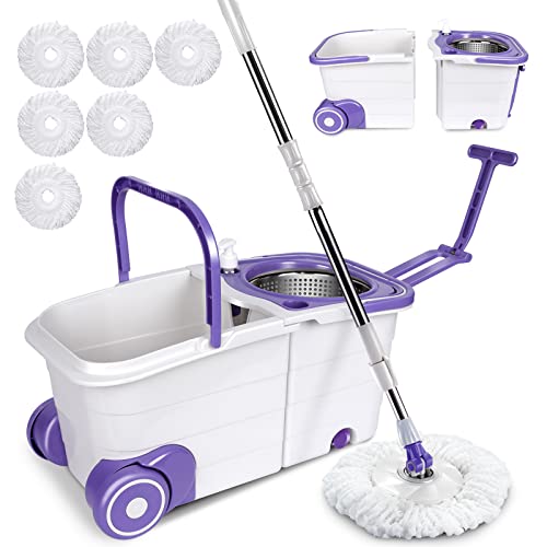 Ozd Mop And Bucket With Wringer Set, Spin Mops With Bucket And Foot Pedal, Mops And Buckets With Spinner For Floor Cleaning, Spinning Mop With 51.2" Adjustable Handle, With 6 Microfiber Mop Heads #TOP25