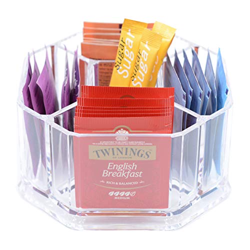 Oak Savanna Tea Organizer for Tea Bags Sugar Packet Holder Caddy - Clear Acrylic Tea Bag Organizer for Pantry Cabinet Countertop Coffee Station Kitchen Counter