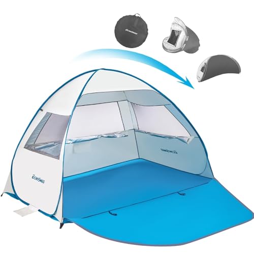 EchoSmile Pop Up Beach Tent for 4 Person Family, UPF 50+ Sun Shelter & Waterproof Beach Shade, Automatic Easy Setup Portable Cabana for Outdoor Travel (Light Blue)