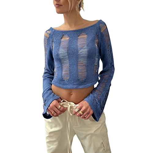 FeMereina Maglione gotico punk per donna uomo scava fuori maglione lavorato a maglia allentato top strappato manica lunga maglione allentato, Blu #1., M