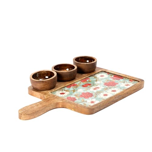 Image of Handcrafted Mango Wood Serving Platter with 3 Dip Bowls | Traditional Jamawar Kashmiri Print | Waterproof, Heat-Resistant, Food-Safe Lacquer Finish | 15.5 x 10 Inch | Made in India (3Katori-AquaRed)