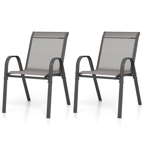 GOPLUS Lot de 2/4 Chaises de Jardin Extérieur en Métal et Textilène Respirant, Fauteuil de Jardin Empilable et Anti-dérapant avec Accoudoirs et Dossier, Idéal pour Patio, Terrasse (56x70x84cm,Gris,2)