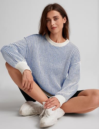 Image of Beyond Chenille Sweater for Women 2024 Winter Crew Neck Pullover Sweater Color Block Knit Tops (13W-Navy-M)