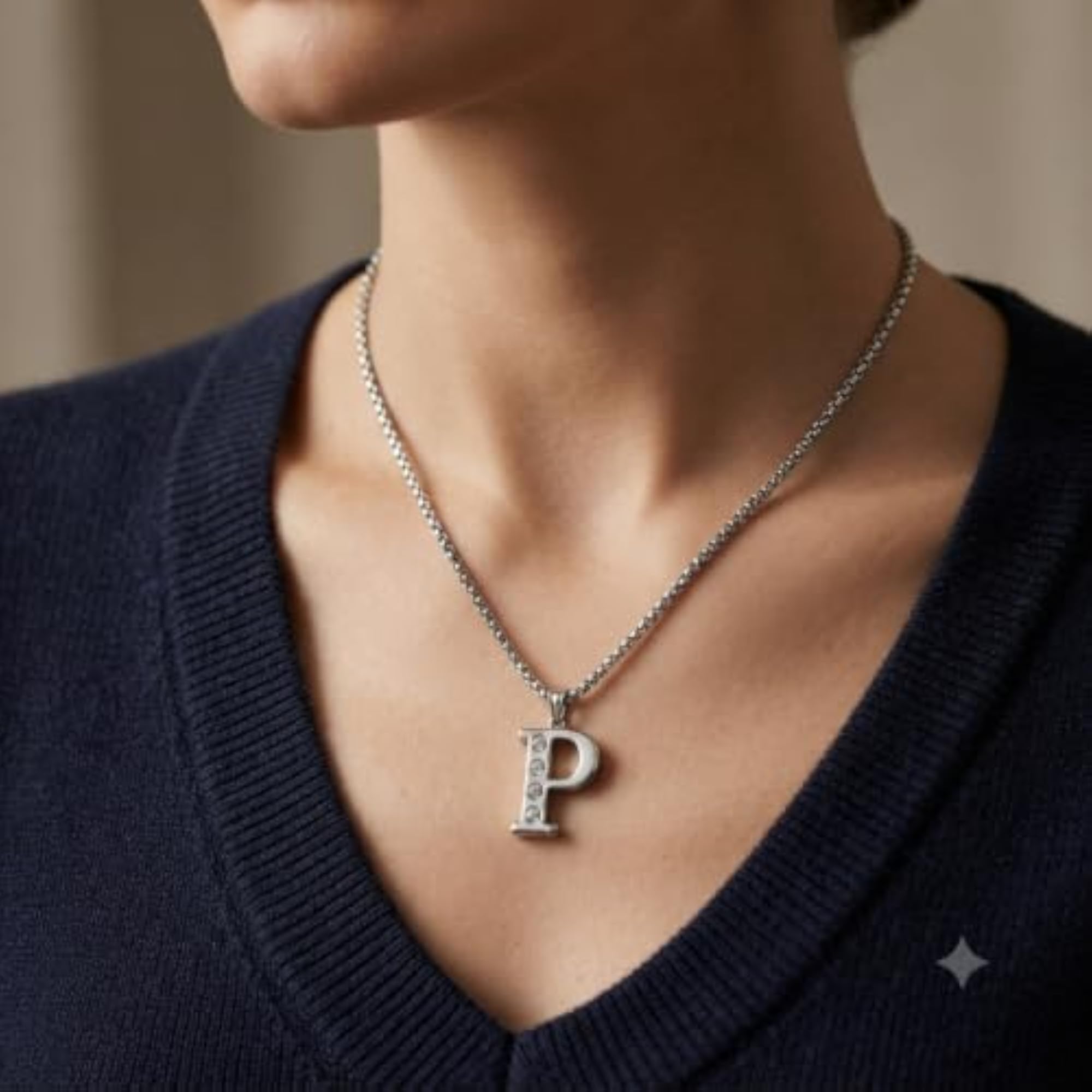 English Alphabet Initial Letter P Metal Pendant with Box Chain